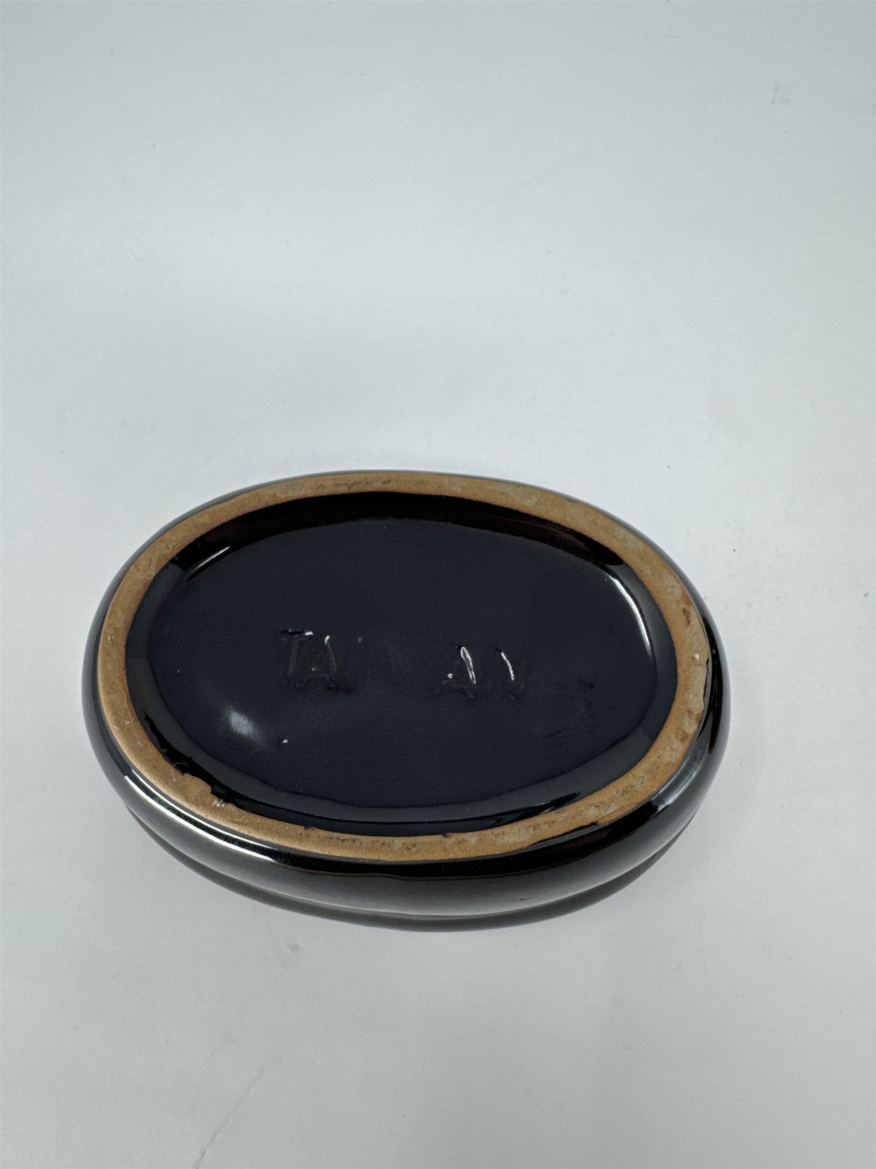 Vintage Black Glazed Stoneware Butter Crock with Lid Small Oval Pot Taiwan