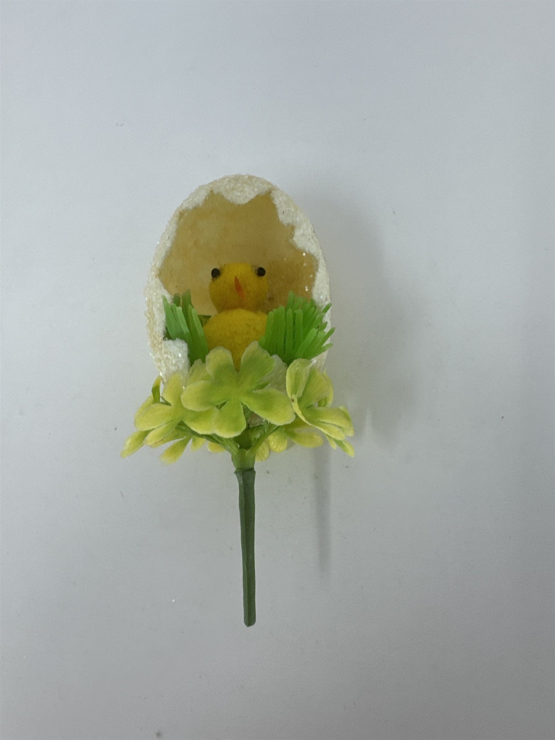 Vtg Easter Sugared Egg Diorama Floral Pick Flocked Chick 4" Plastic Flower Spray