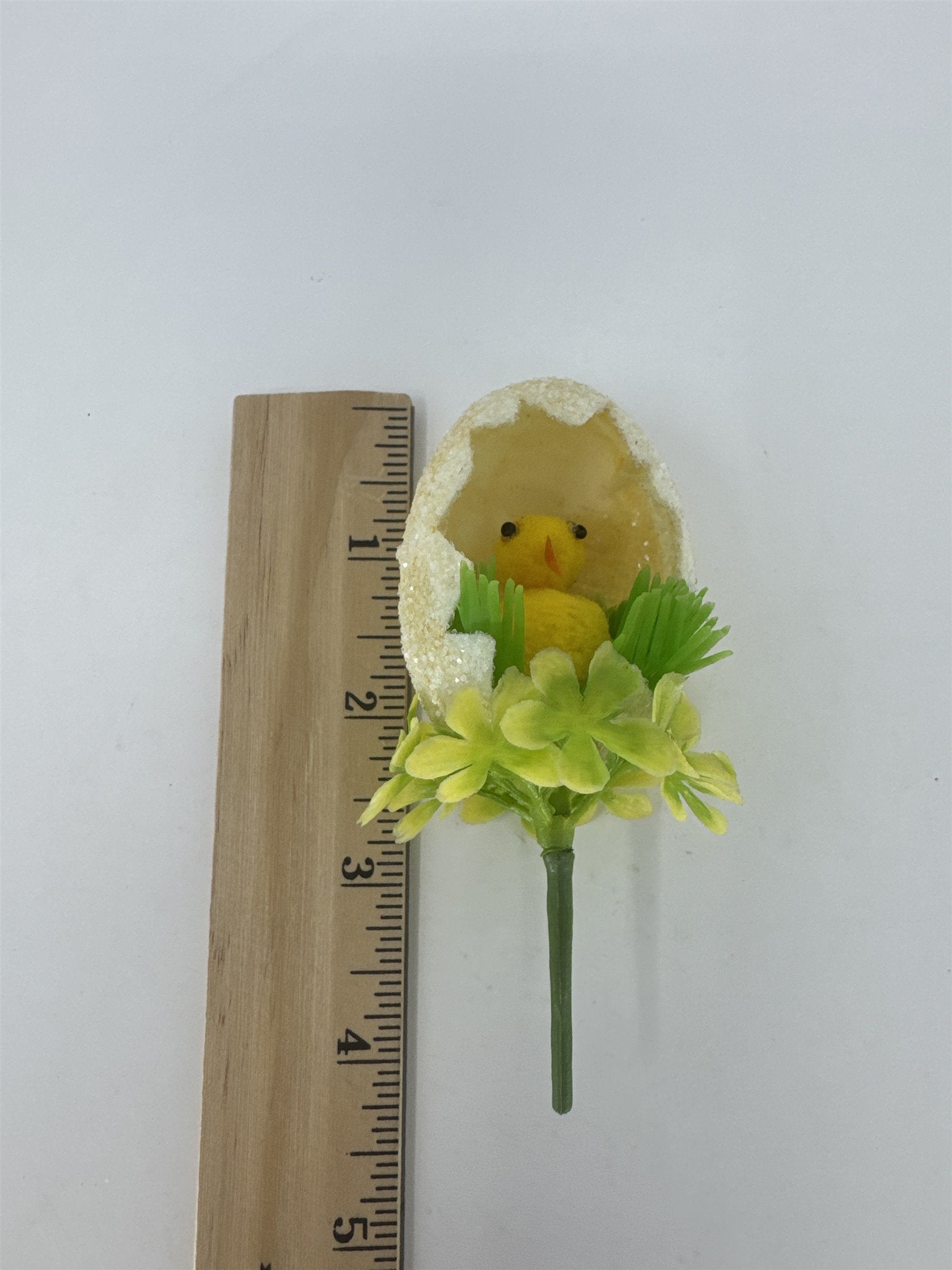 Vtg Easter Sugared Egg Diorama Floral Pick Flocked Chick 4" Plastic Flower Spray