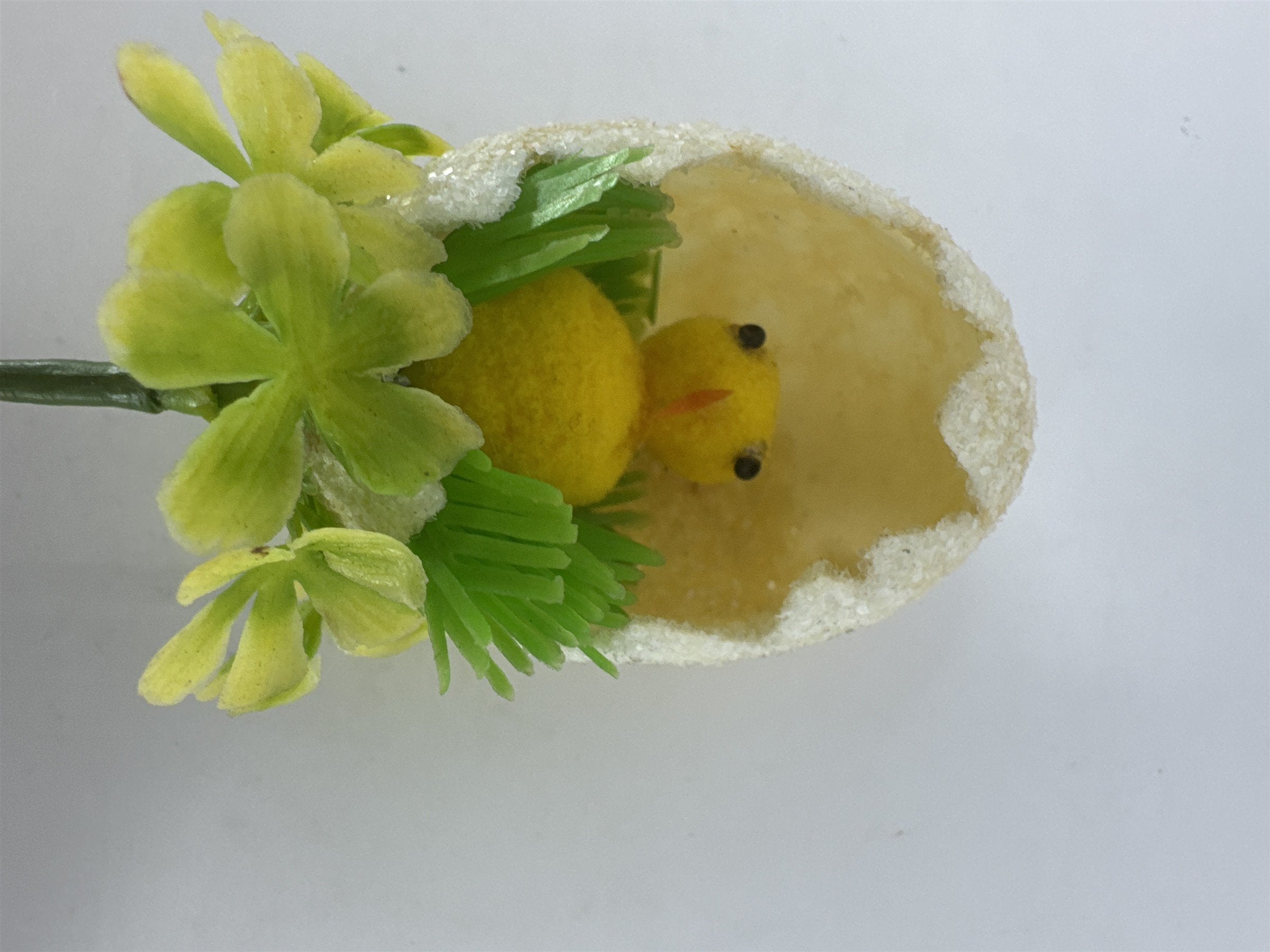 Vtg Easter Sugared Egg Diorama Floral Pick Flocked Chick 4" Plastic Flower Spray