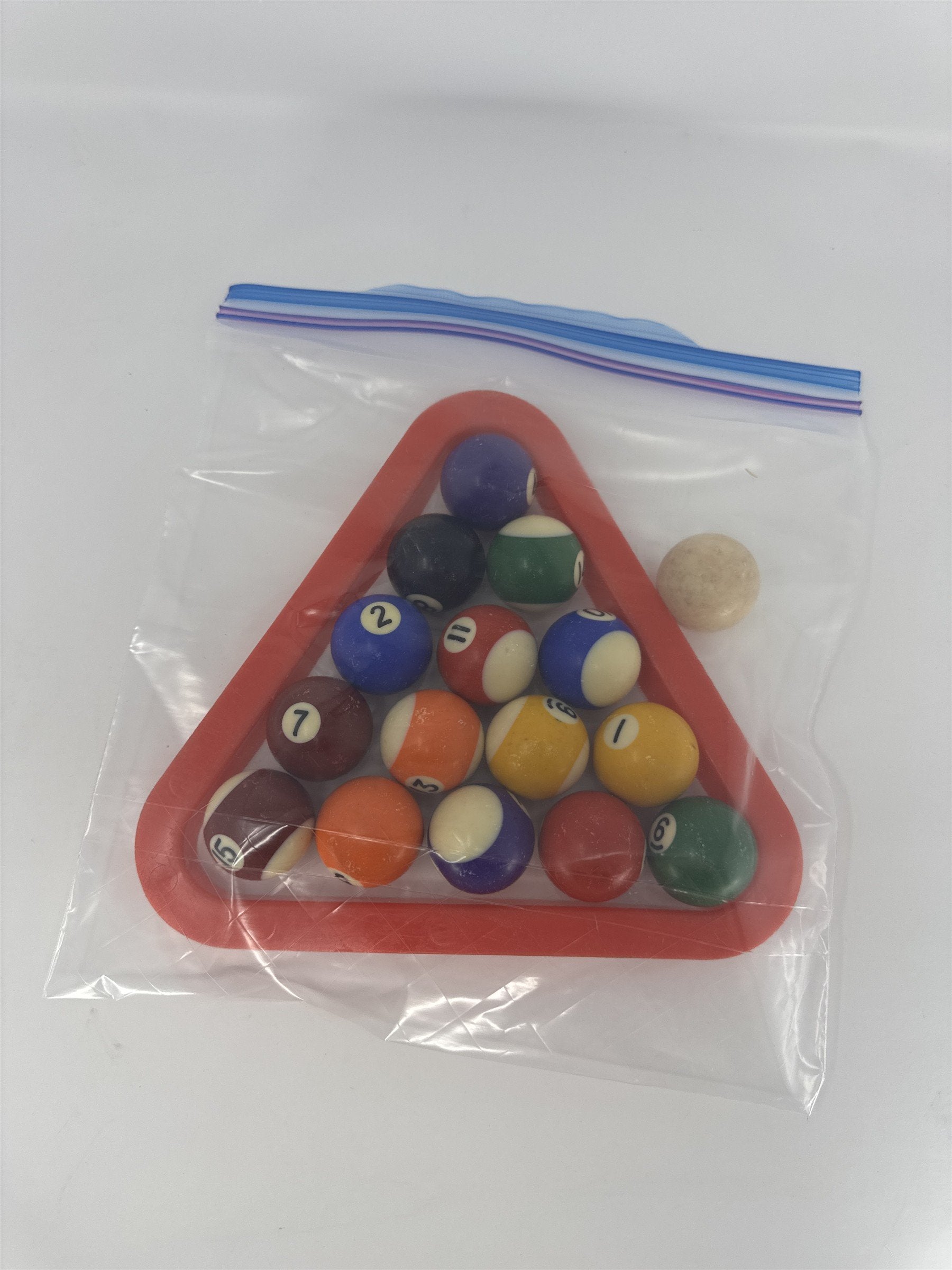 Vtg Mini Pool Ball Set Miniature Billiards Balls Cue Ball Red Rack Toy