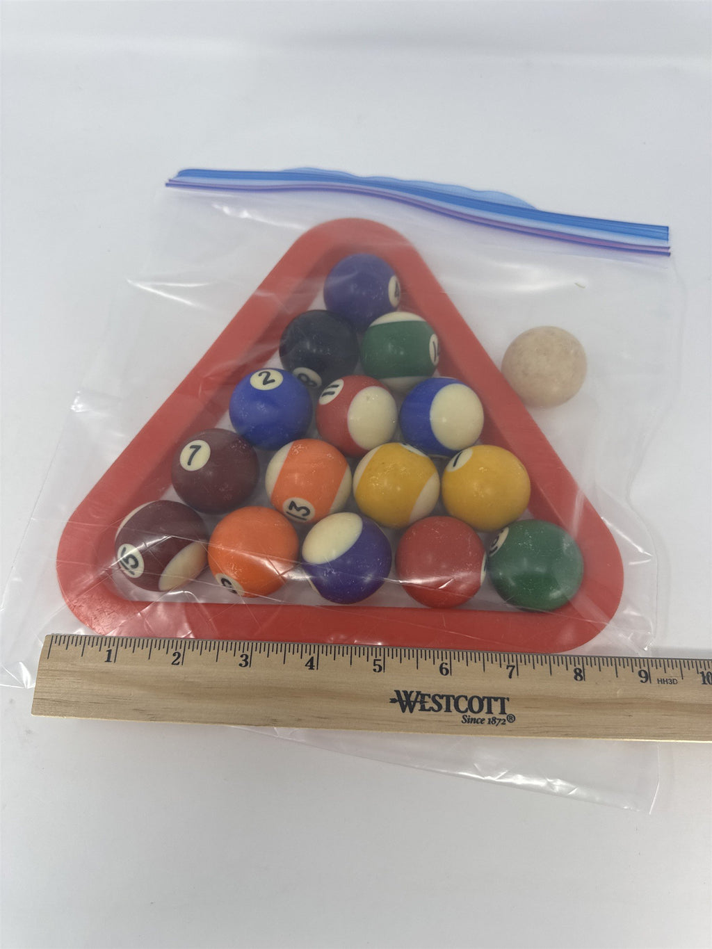 Vtg Mini Pool Ball Set Miniature Billiards Balls Cue Ball Red Rack Toy