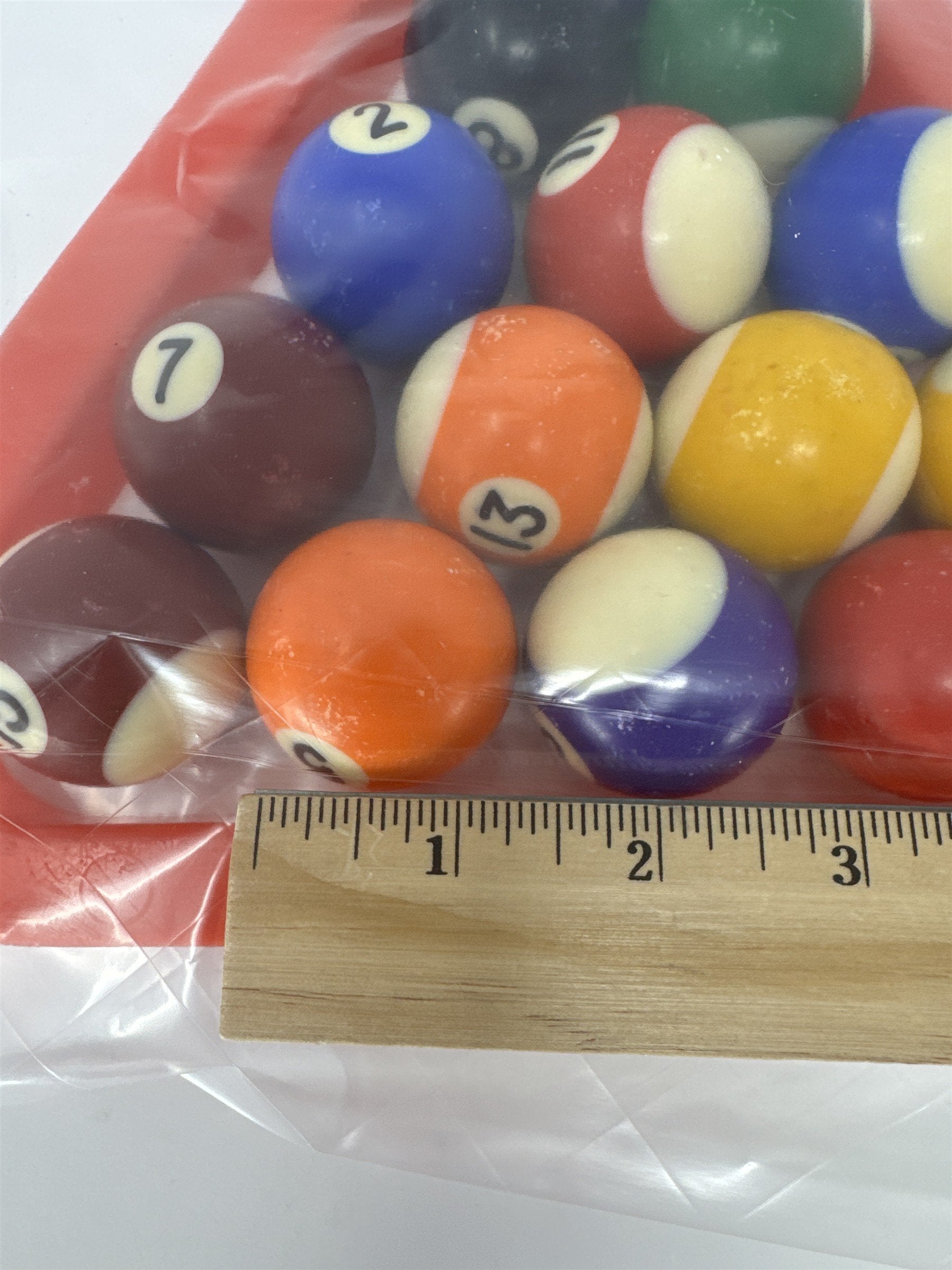 Vtg Mini Pool Ball Set Miniature Billiards Balls Cue Ball Red Rack Toy