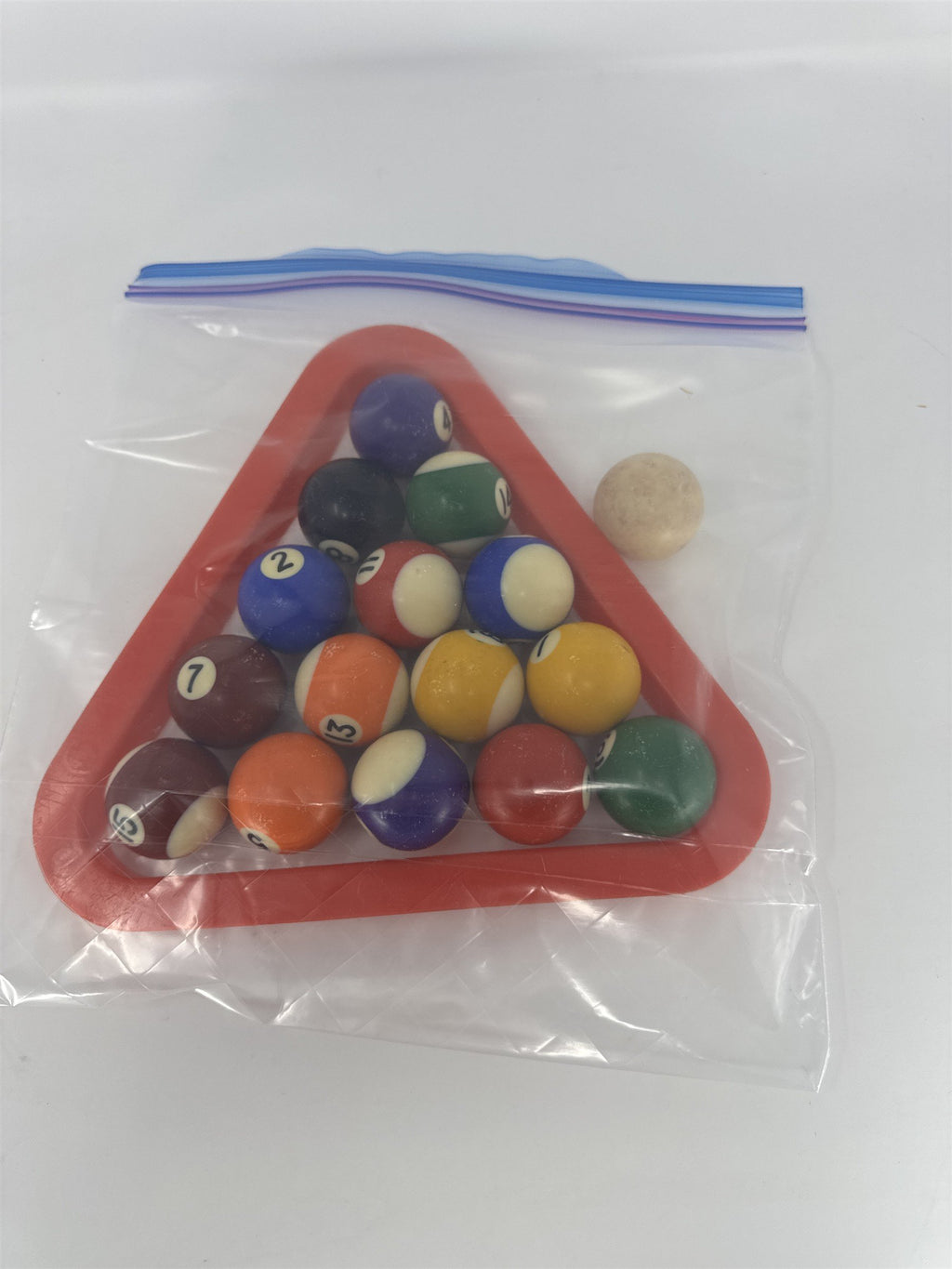 Vtg Mini Pool Ball Set Miniature Billiards Balls Cue Ball Red Rack Toy