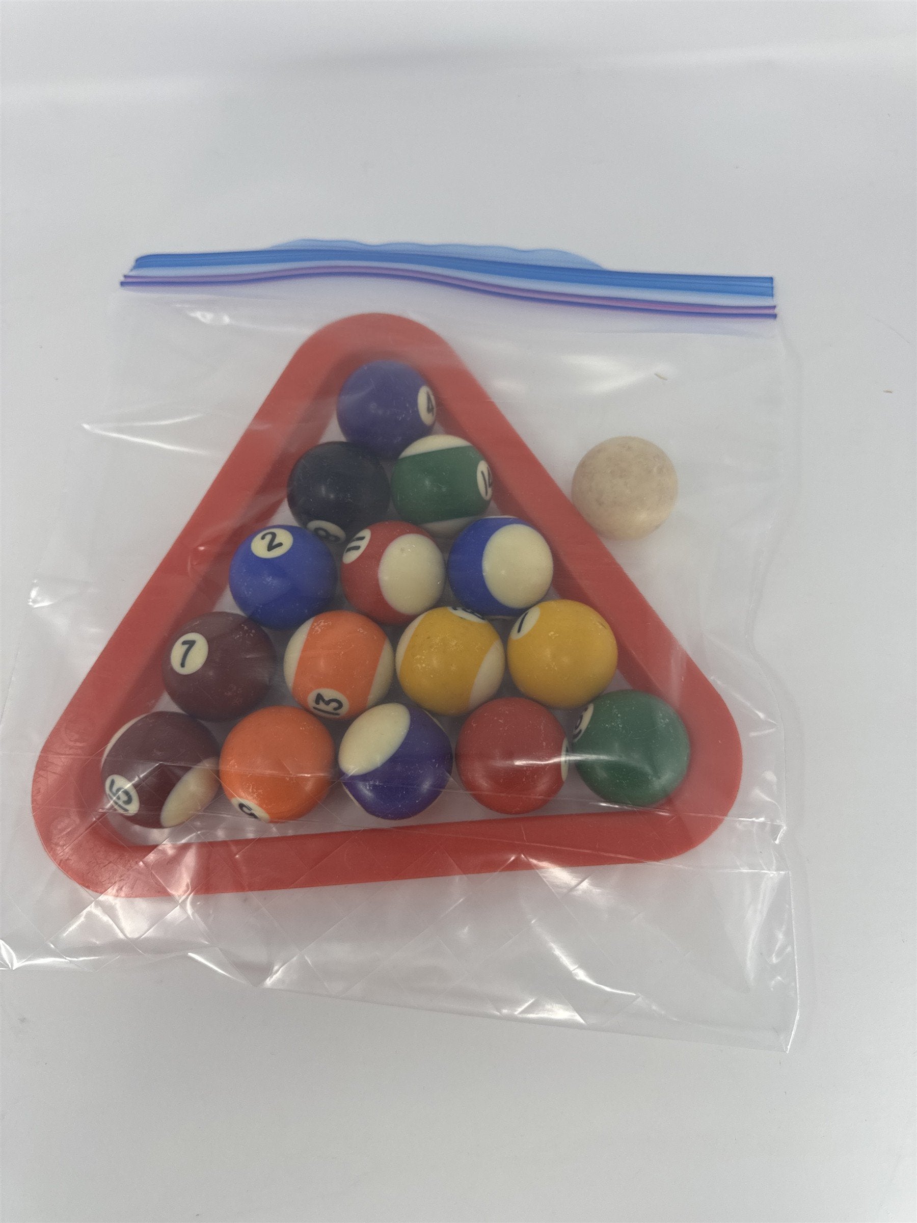 Vtg Mini Pool Ball Set Miniature Billiards Balls Cue Ball Red Rack Toy