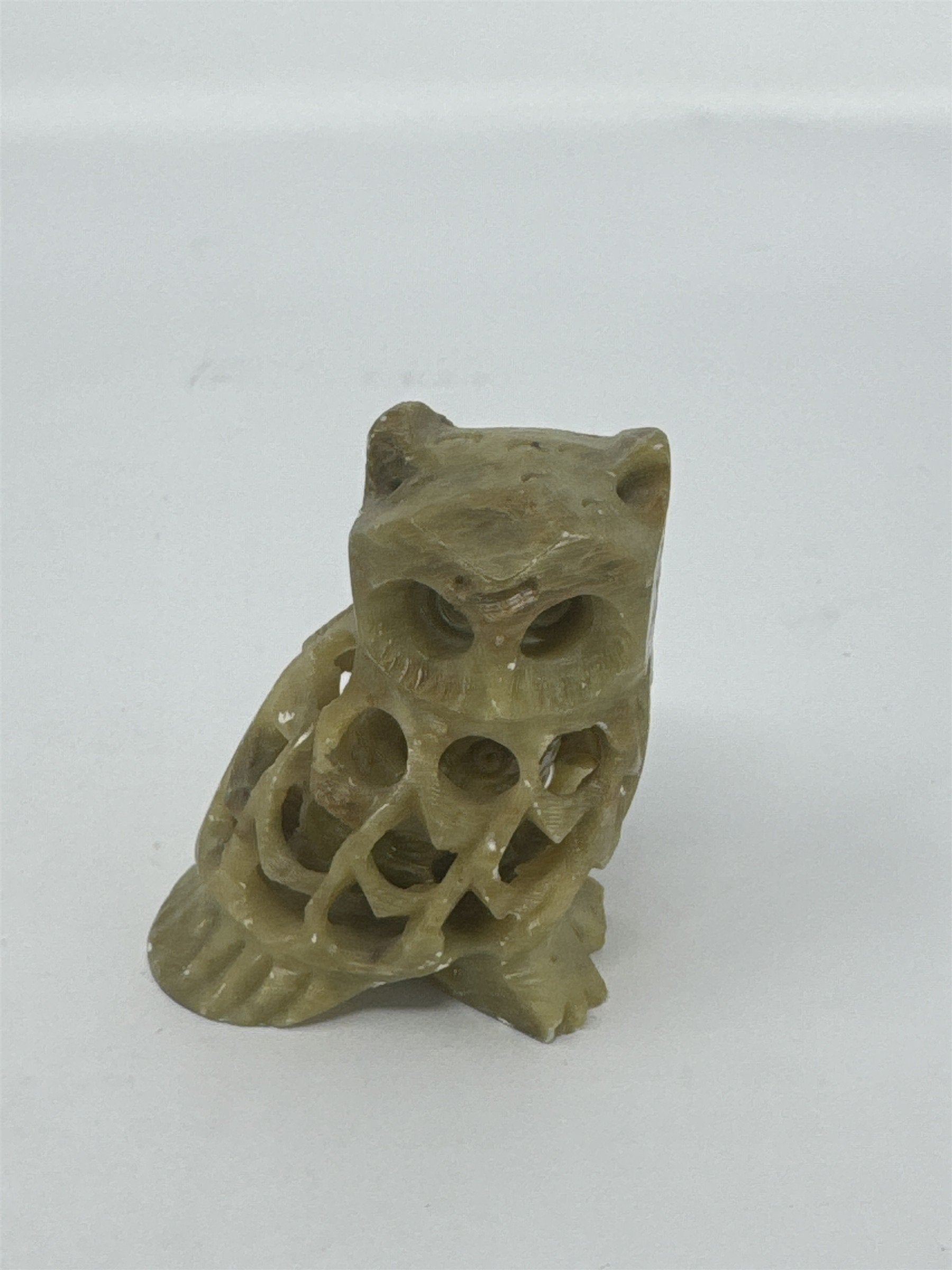 Vtg Soapstone Owl Figurine Hand Carved Reticulated 2.5" Small Internal Owl Boho
