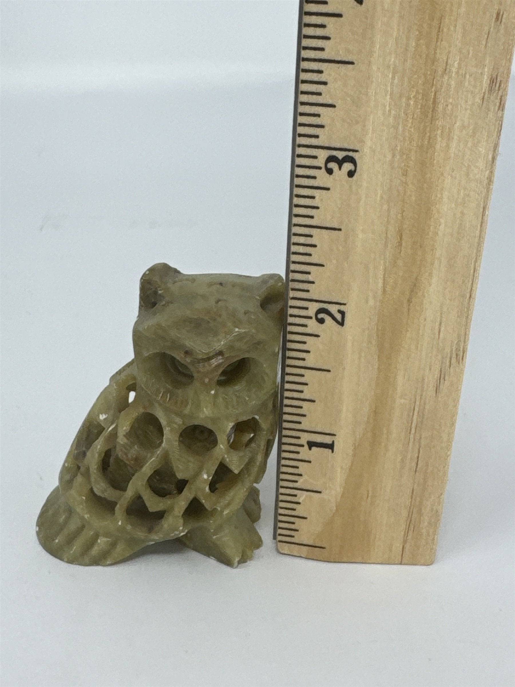 Vtg Soapstone Owl Figurine Hand Carved Reticulated 2.5" Small Internal Owl Boho