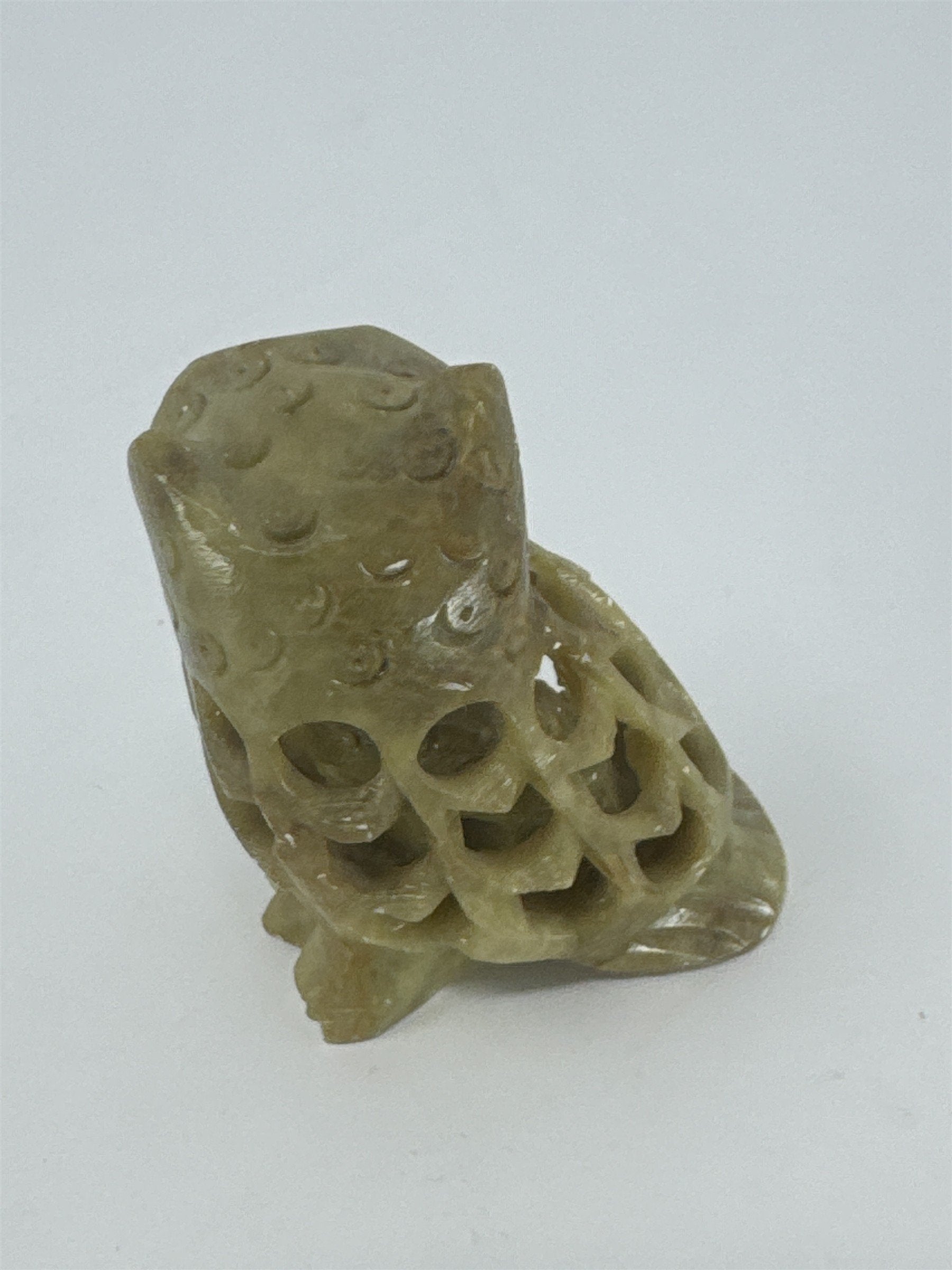 Vtg Soapstone Owl Figurine Hand Carved Reticulated 2.5" Small Internal Owl Boho