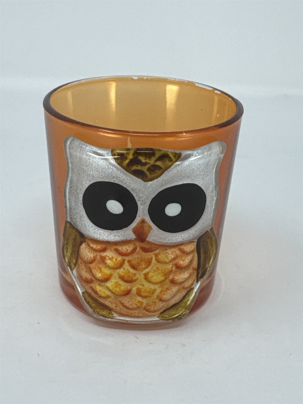 Vtg Orange Glass Owl Votive Candle Holder Raised 3D Textured Bird Fall Decor