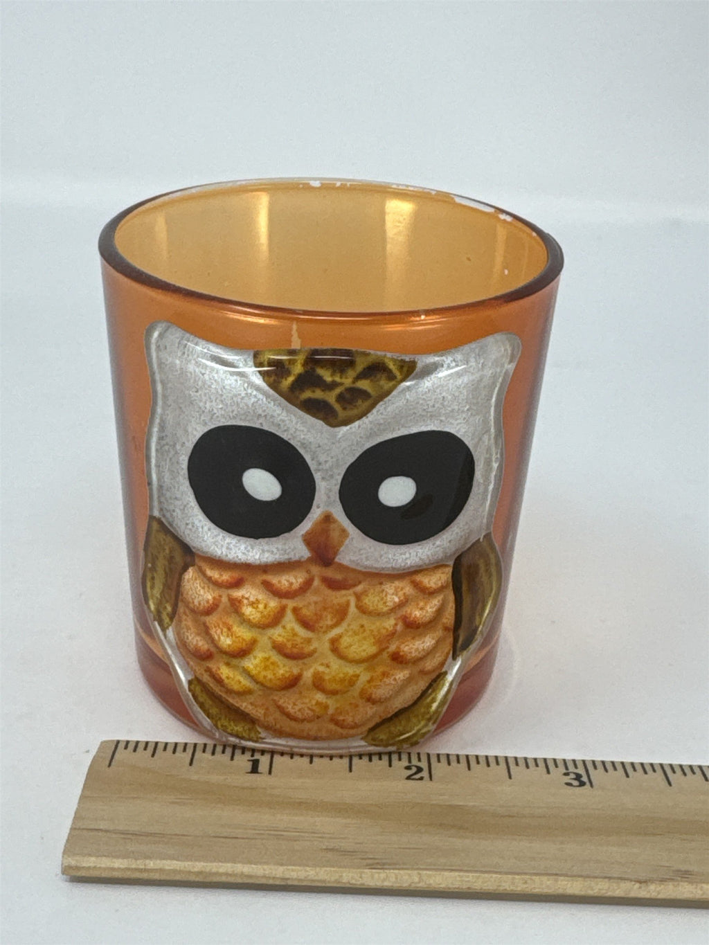 Vtg Orange Glass Owl Votive Candle Holder Raised 3D Textured Bird Fall Decor