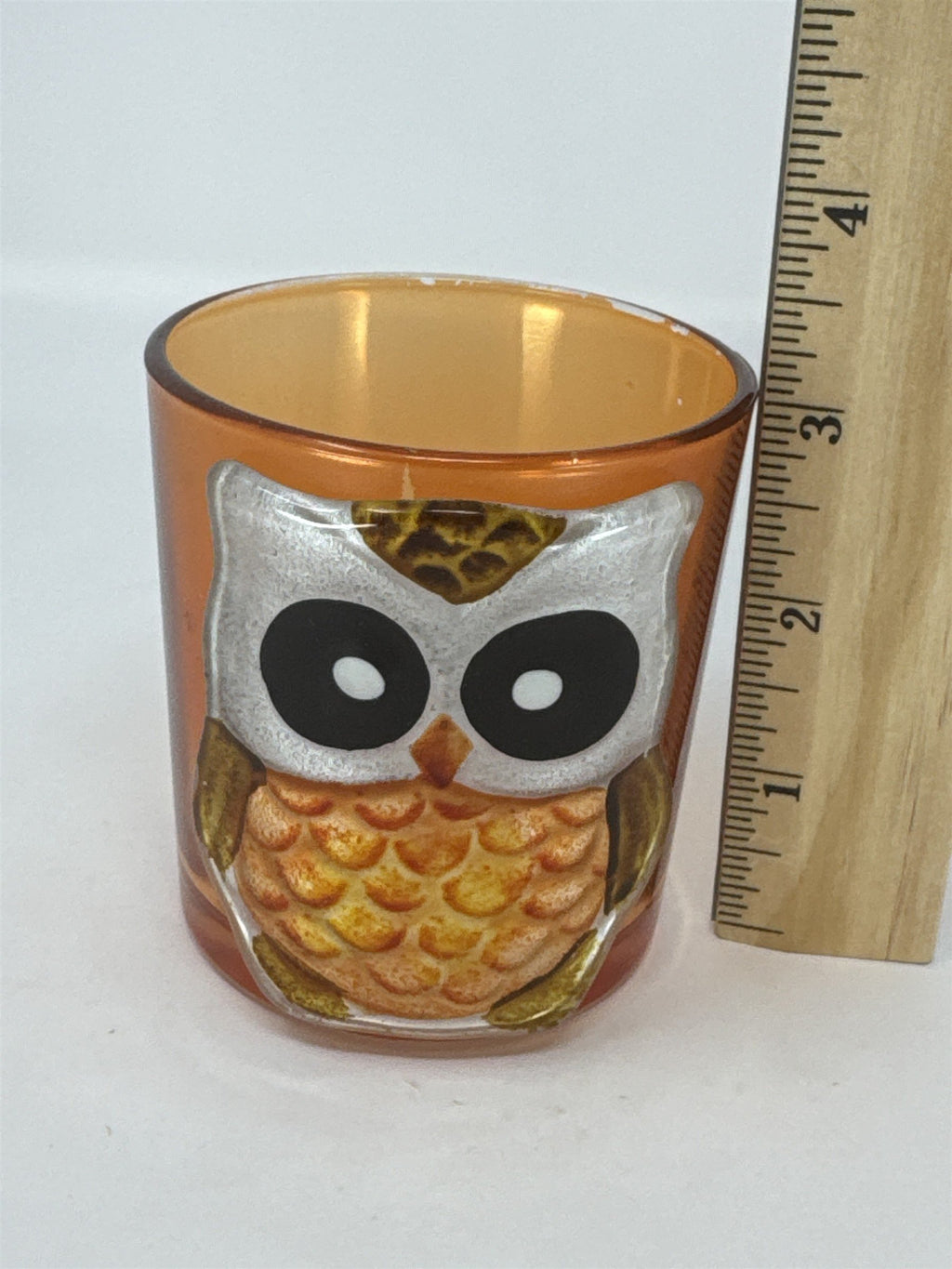 Vtg Orange Glass Owl Votive Candle Holder Raised 3D Textured Bird Fall Decor