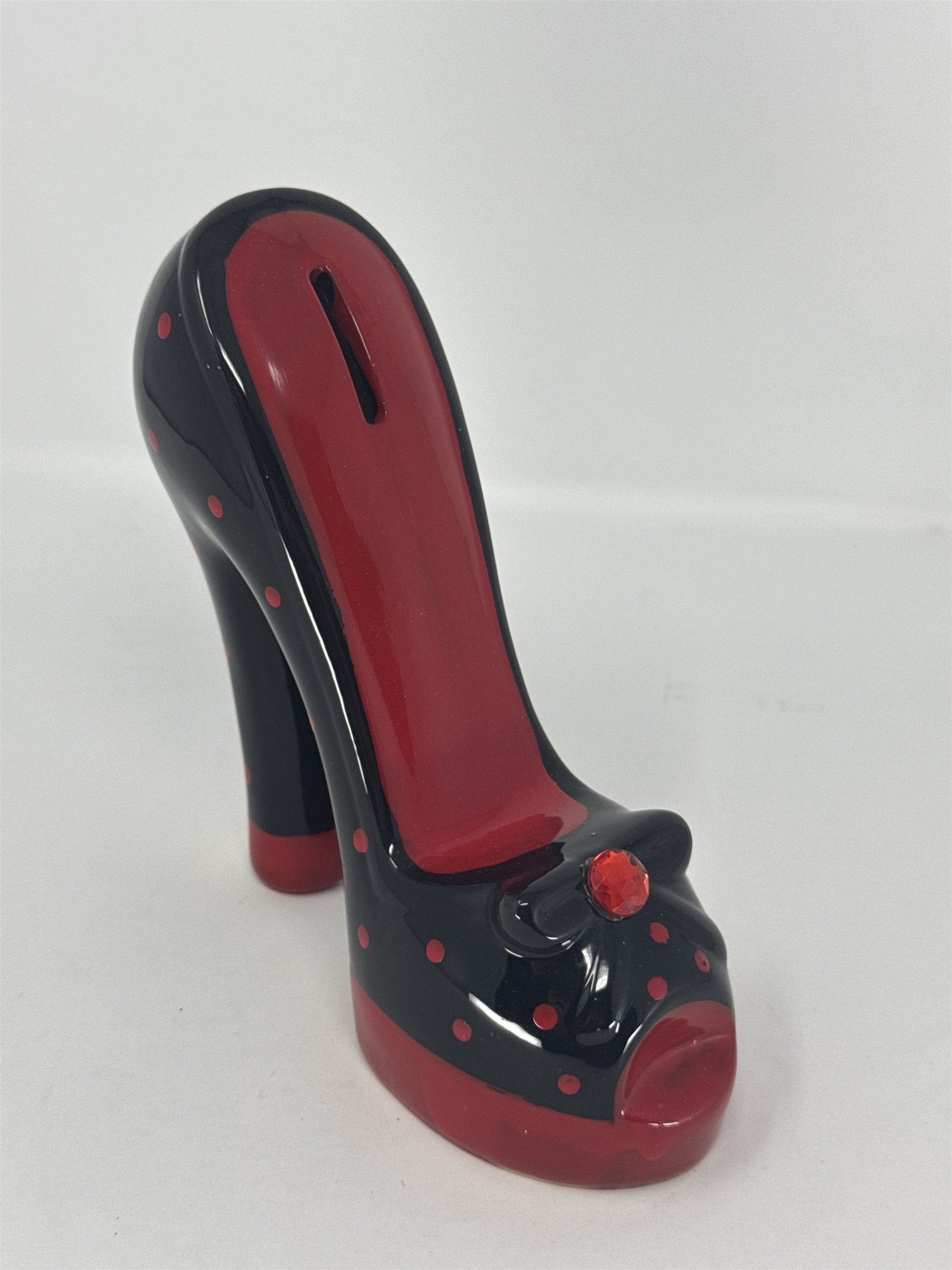 Vtg High Heel Shoe Coin Bank Ceramic Red Black Polka Dot Rhinestone Stiletto