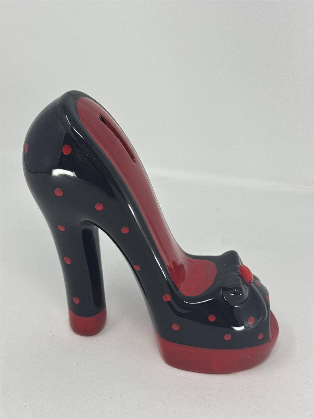 Vtg High Heel Shoe Coin Bank Ceramic Red Black Polka Dot Rhinestone Stiletto