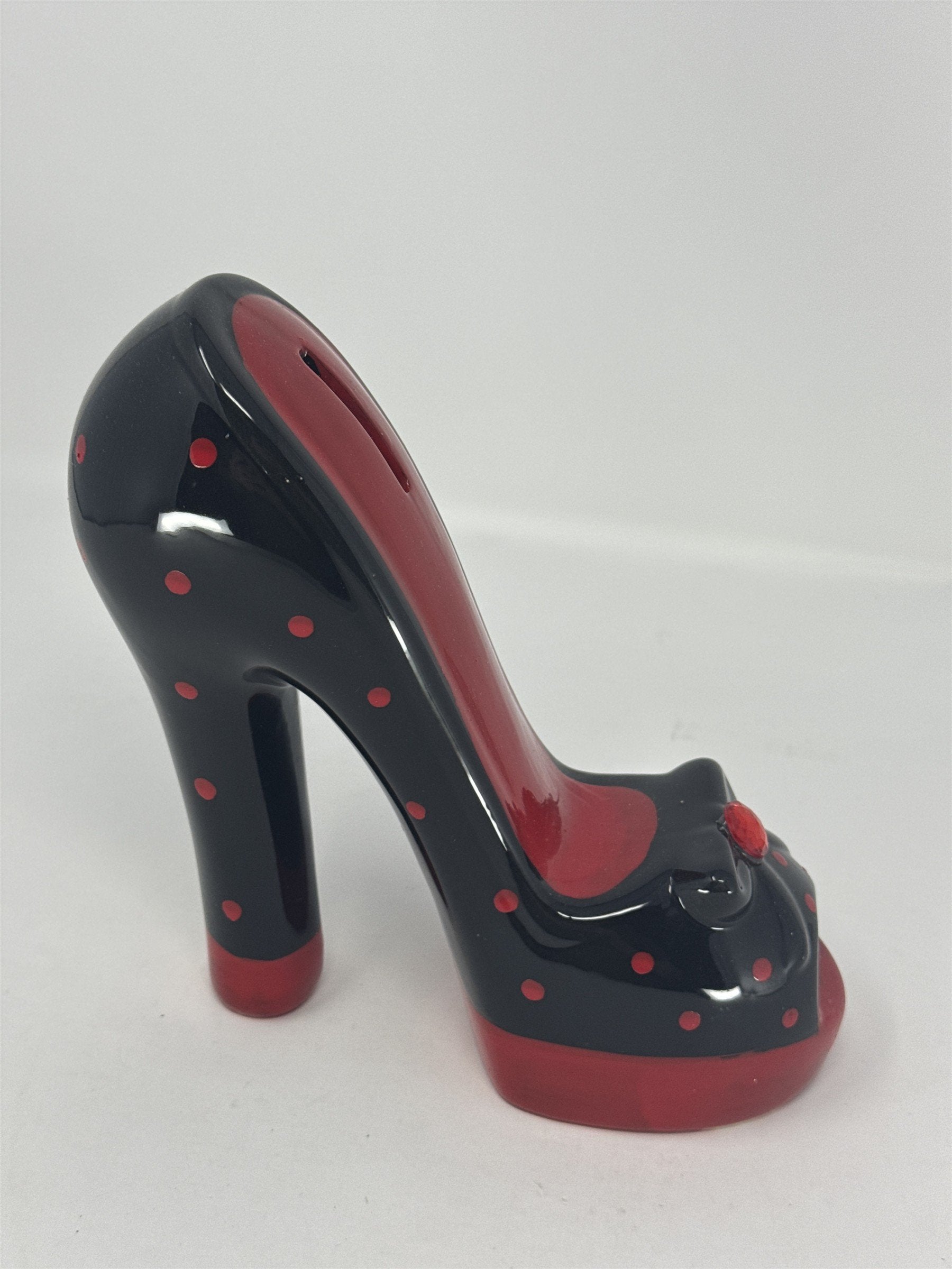 Vtg High Heel Shoe Coin Bank Ceramic Red Black Polka Dot Rhinestone Stiletto