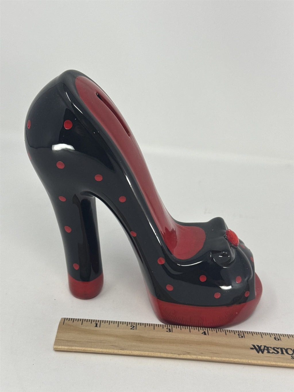 Vtg High Heel Shoe Coin Bank Ceramic Red Black Polka Dot Rhinestone Stiletto
