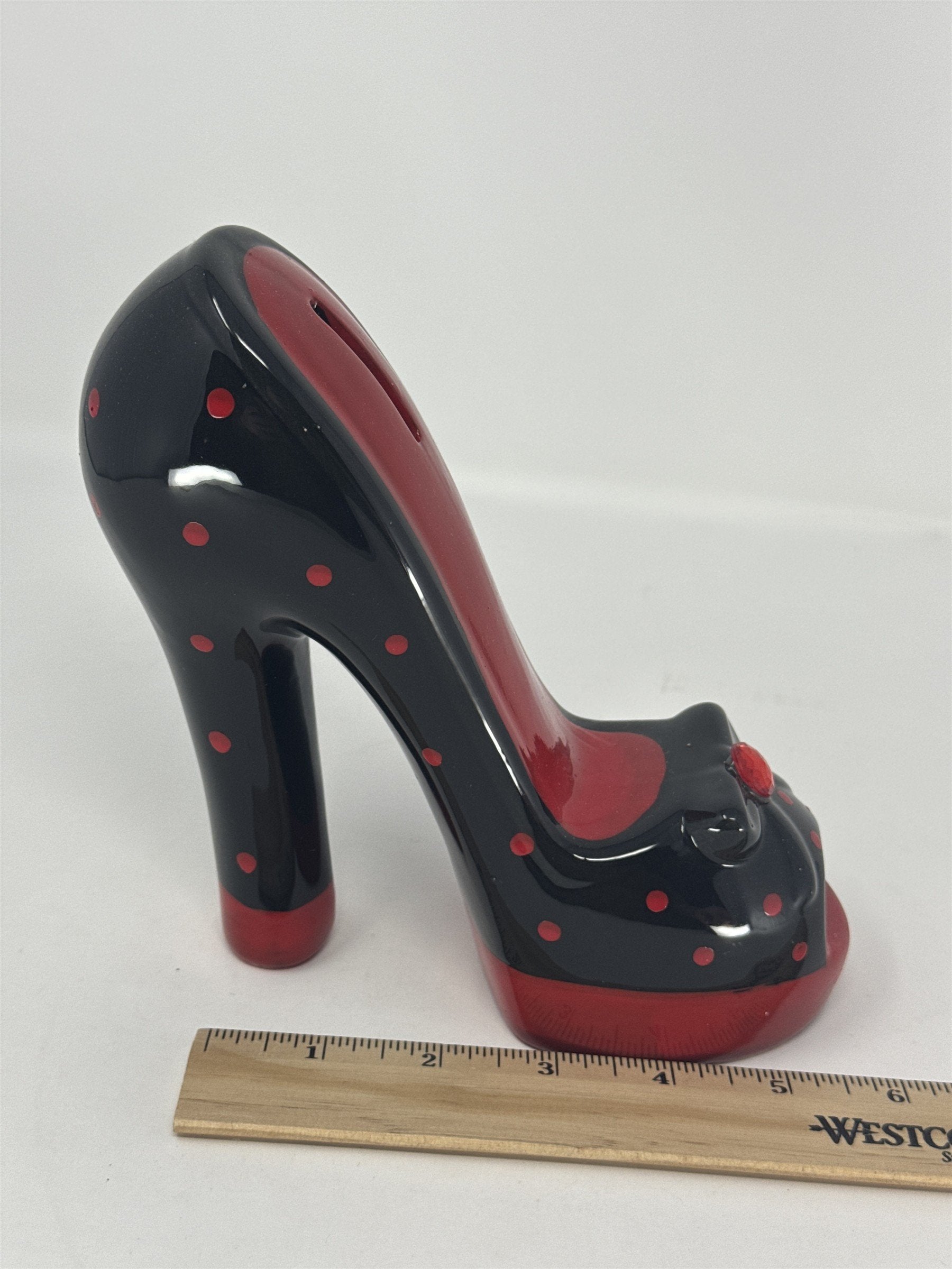 Vtg High Heel Shoe Coin Bank Ceramic Red Black Polka Dot Rhinestone Stiletto