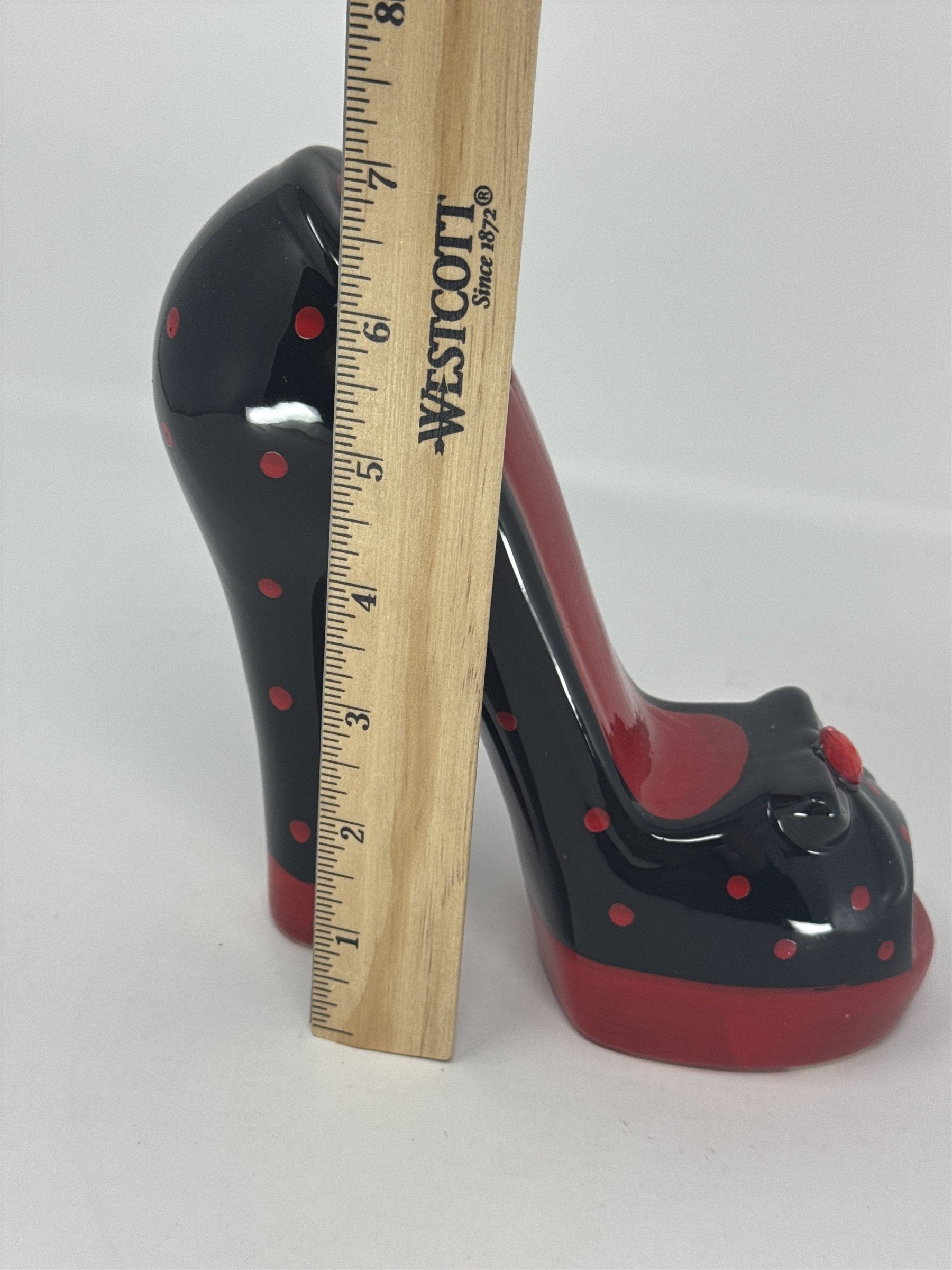 Vtg High Heel Shoe Coin Bank Ceramic Red Black Polka Dot Rhinestone Stiletto