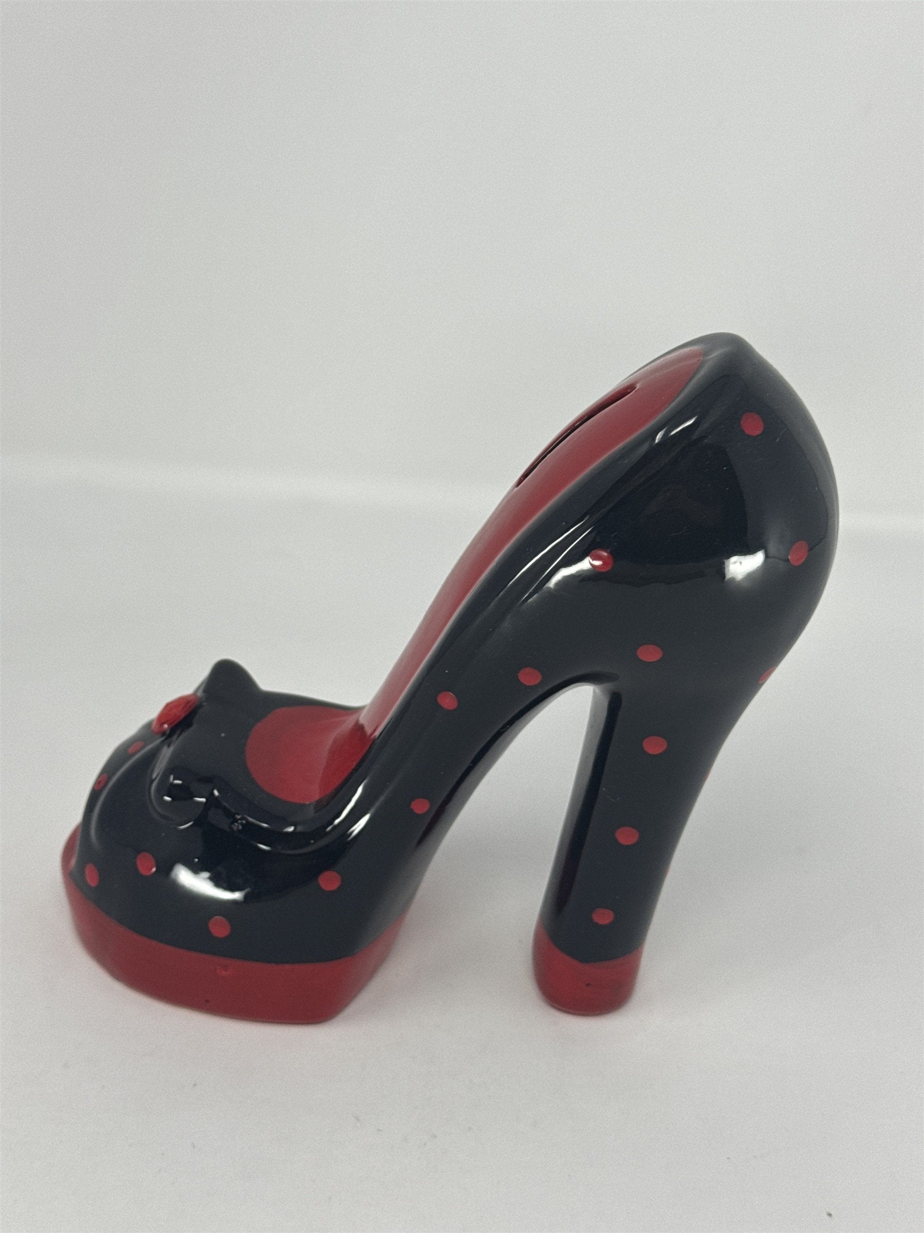 Vtg High Heel Shoe Coin Bank Ceramic Red Black Polka Dot Rhinestone Stiletto
