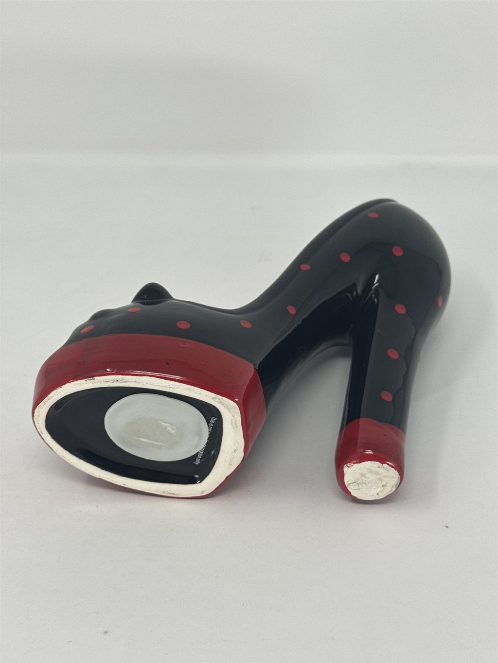 Vtg High Heel Shoe Coin Bank Ceramic Red Black Polka Dot Rhinestone Stiletto