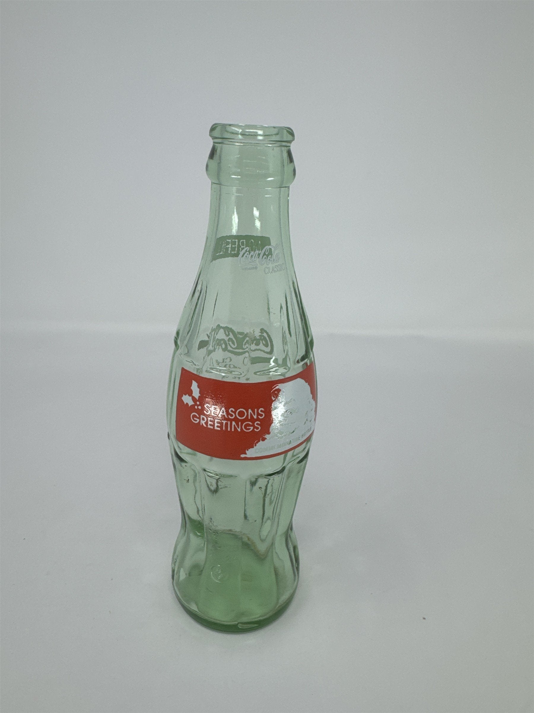 Vtg Coca-Cola Bottle Seasons Greetings Santa Claus 8oz Glass Commemorative Green
