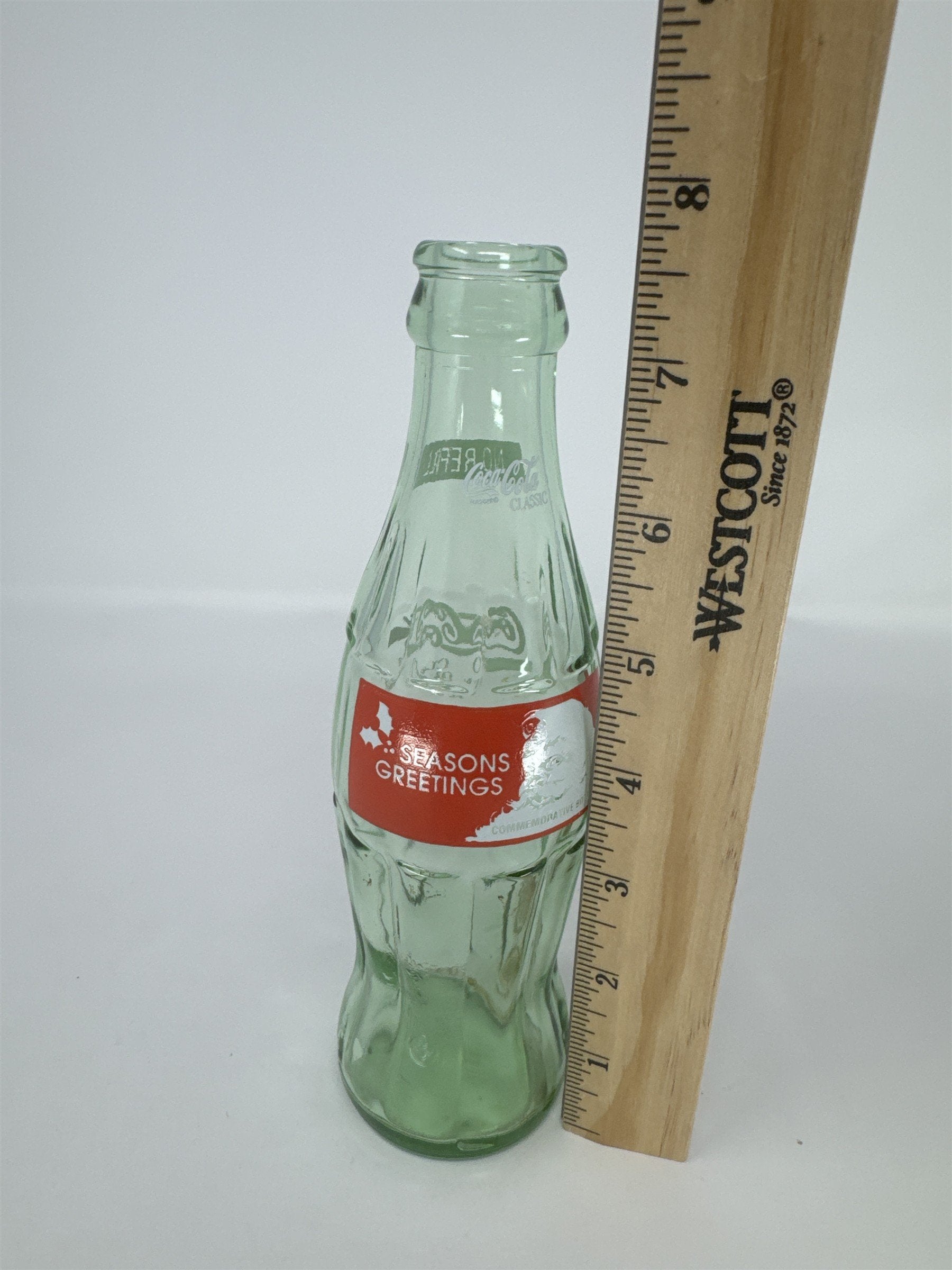 Vtg Coca-Cola Bottle Seasons Greetings Santa Claus 8oz Glass Commemorative Green